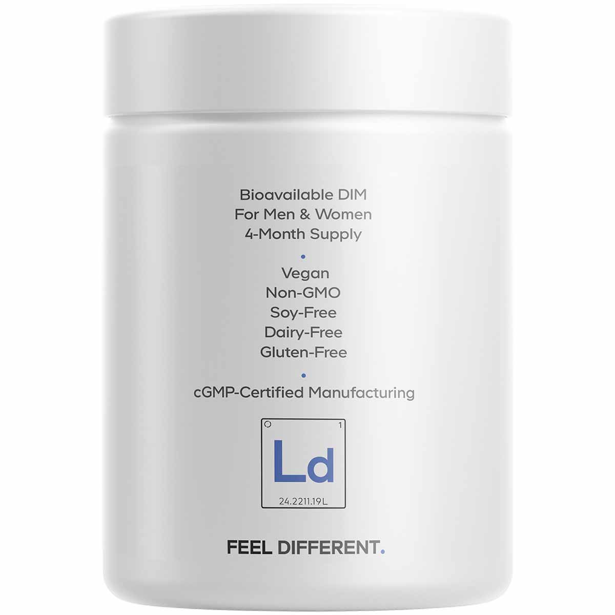 White supplement bottle labeled "Bioavailable DIM For Men & Women 4-Month Supply" with vegan, non-GMO, and gluten-free certif