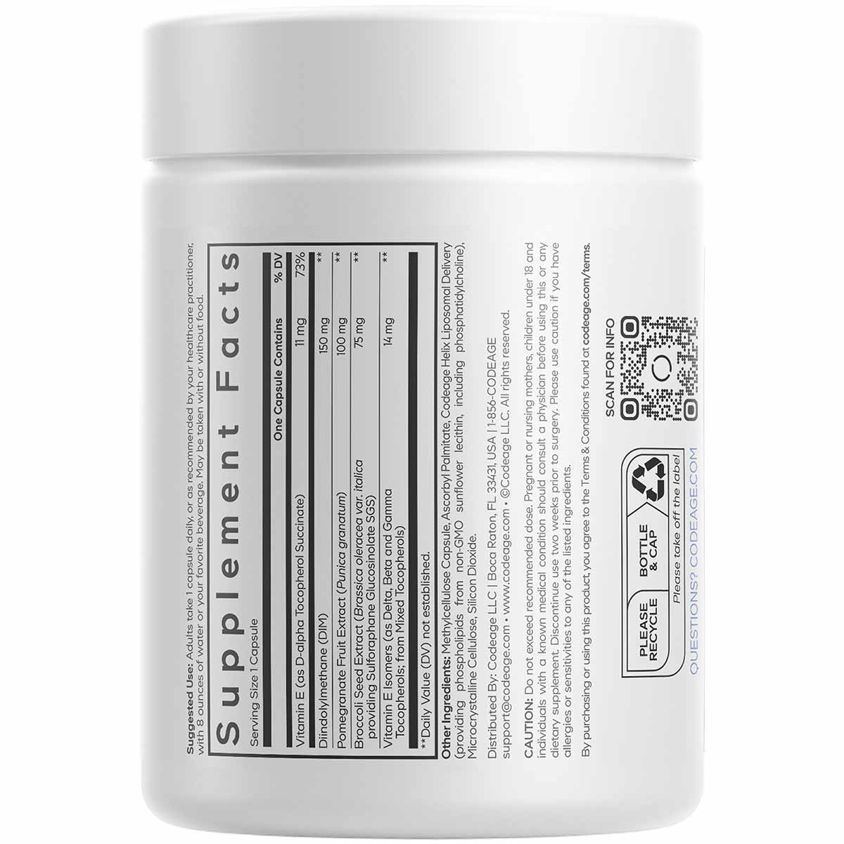 White cylindrical supplement jar with white lid and black label showing "Supplement Facts" and ingredient information for DIM