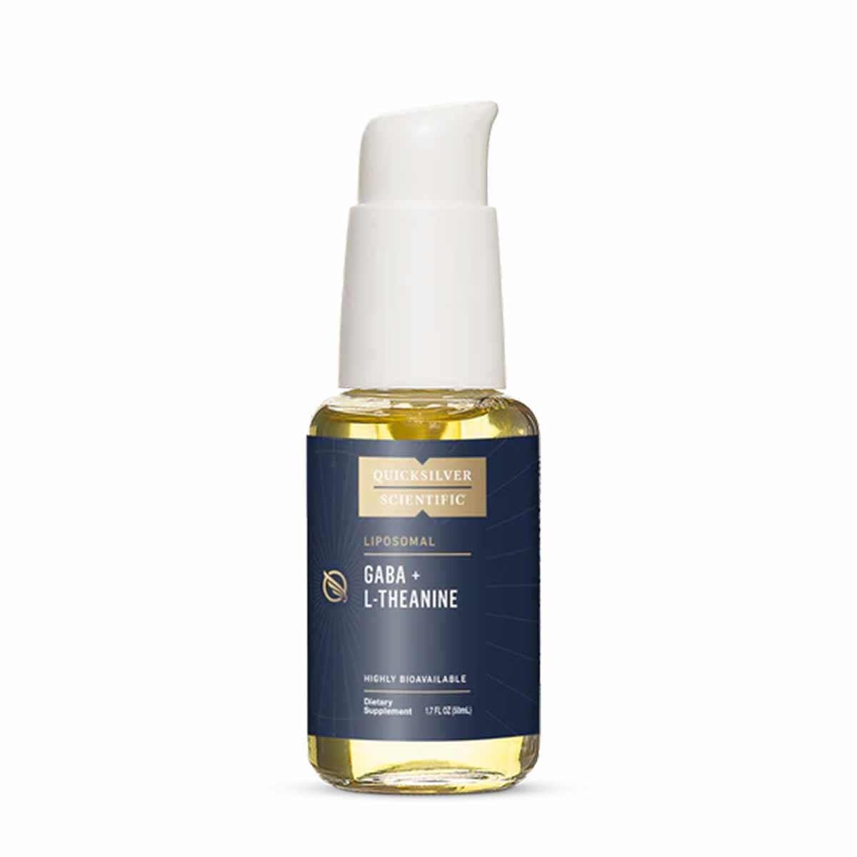 Clear glass bottle with white pump top containing golden-yellow liquid, labeled "Quicksilver Scientific Liposomal GABA + L-Th