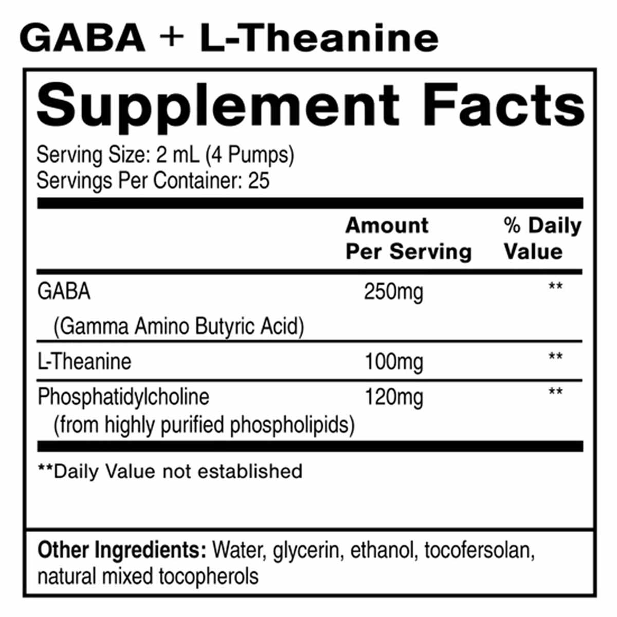 Supplement Facts label for GABA and L-Theanine liposomal supplement showing serving size, ingredients, and amounts per servin