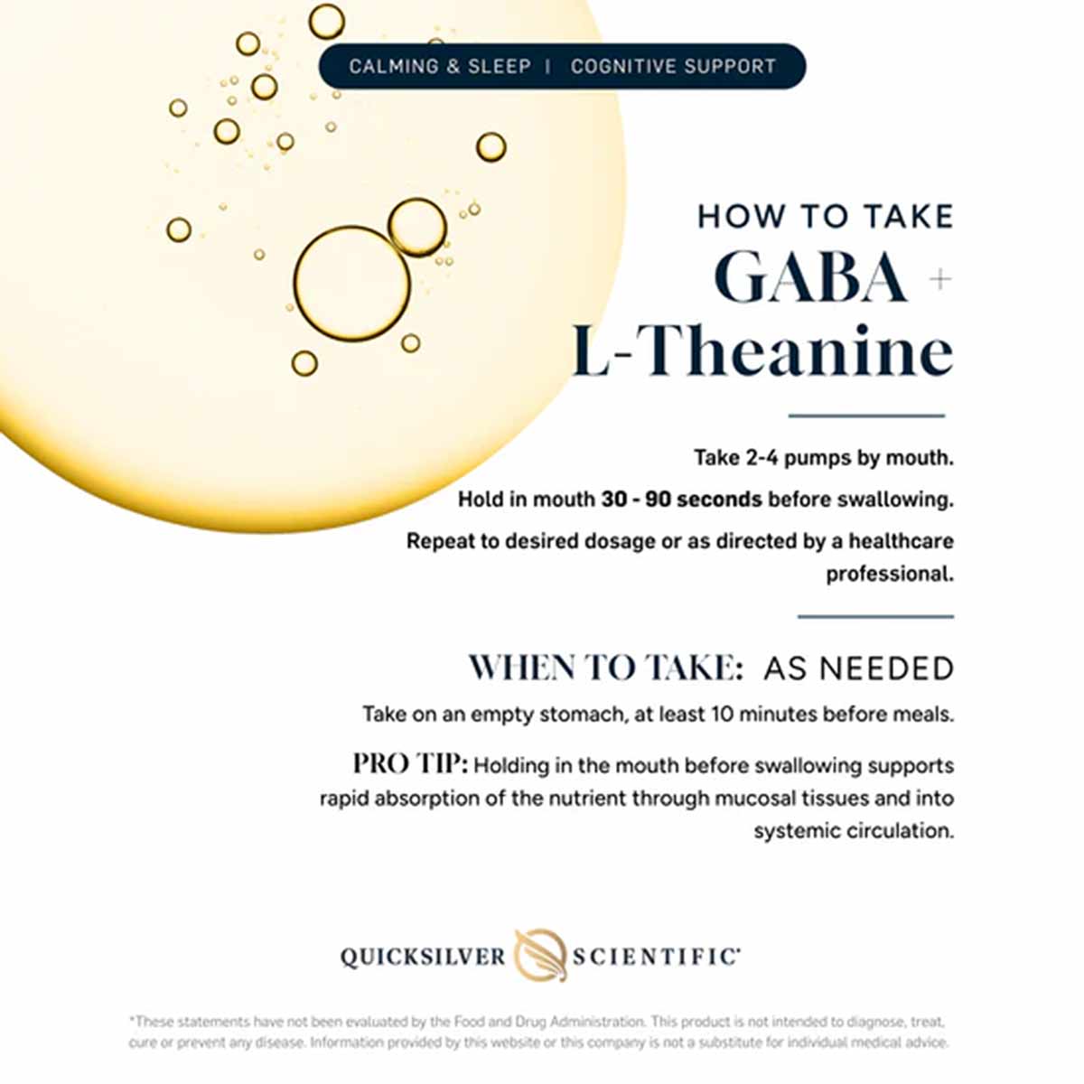 Bottle label for GABA with L-Theanine liposomal supplement showing usage instructions and golden liquid droplets against crea