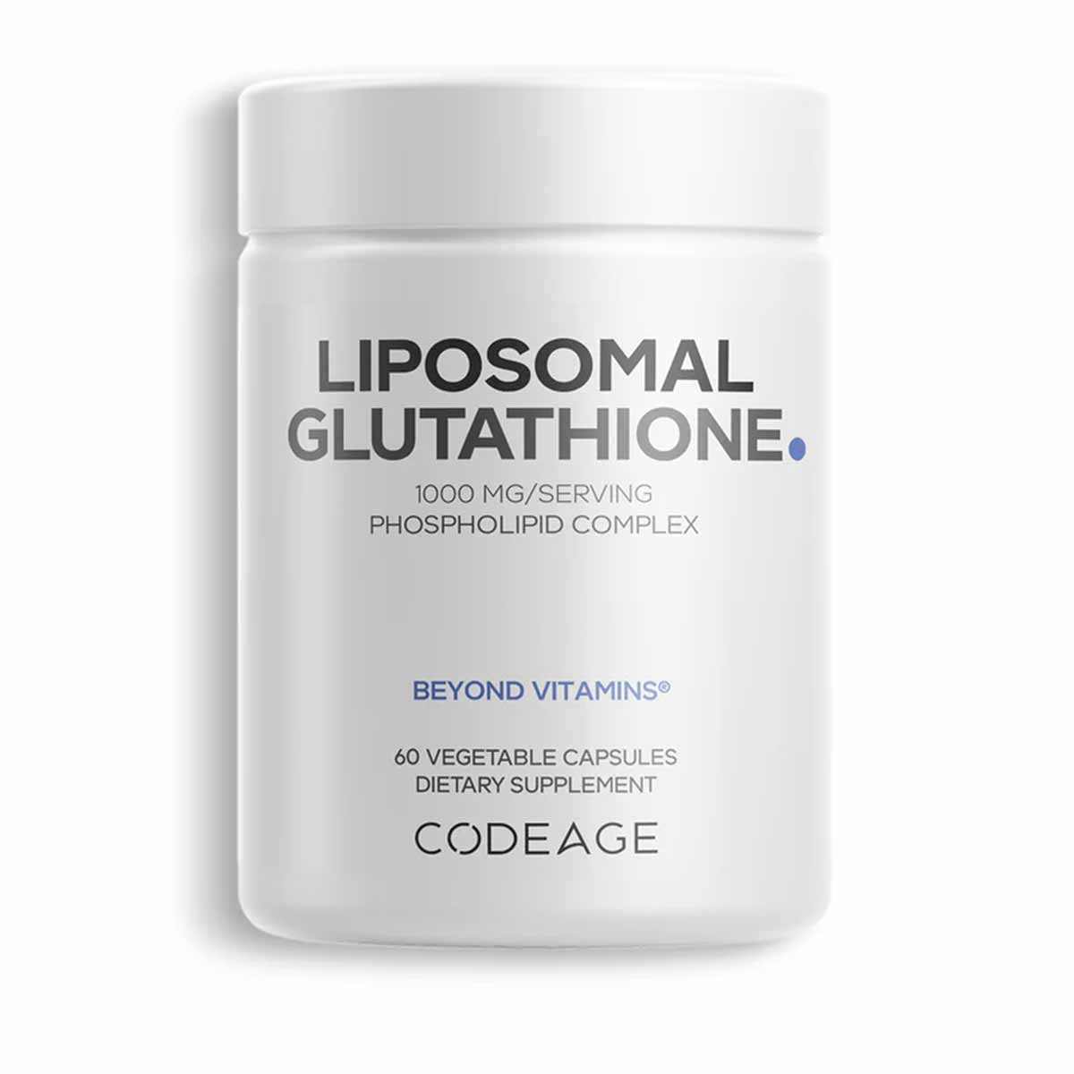 White plastic supplement bottle labeled "Liposomal Glutathione 1000 mg/Serving" by Codeage, containing 60 vegetable capsules.