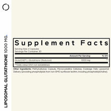 Supplement Facts label showing 1000 mg liposomal glutathione per serving with ingredient list on cream background.