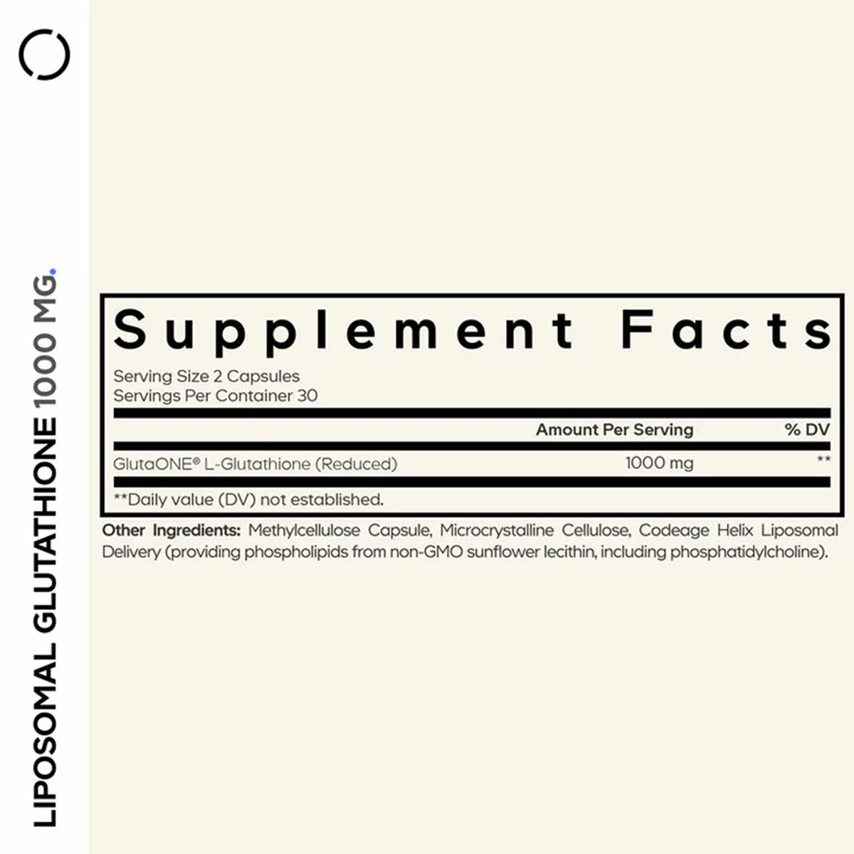 Supplement Facts label showing 1000 mg liposomal glutathione per serving with ingredient list on cream background.