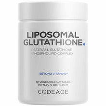 White supplement bottle labeled Liposomal Glutathione by Codeage containing 60 vegetable capsules.