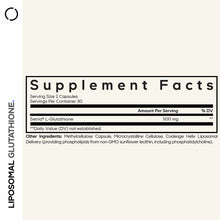 Supplement Facts label for Liposomal Glutathione showing 500mg Setria L-Glutathione per serving with ingredients list.