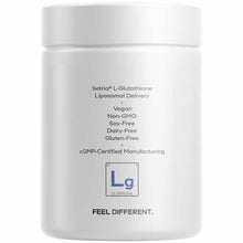 White supplement container with white lid displaying Setria L-Glutathione Liposomal Delivery text and chemical symbol.