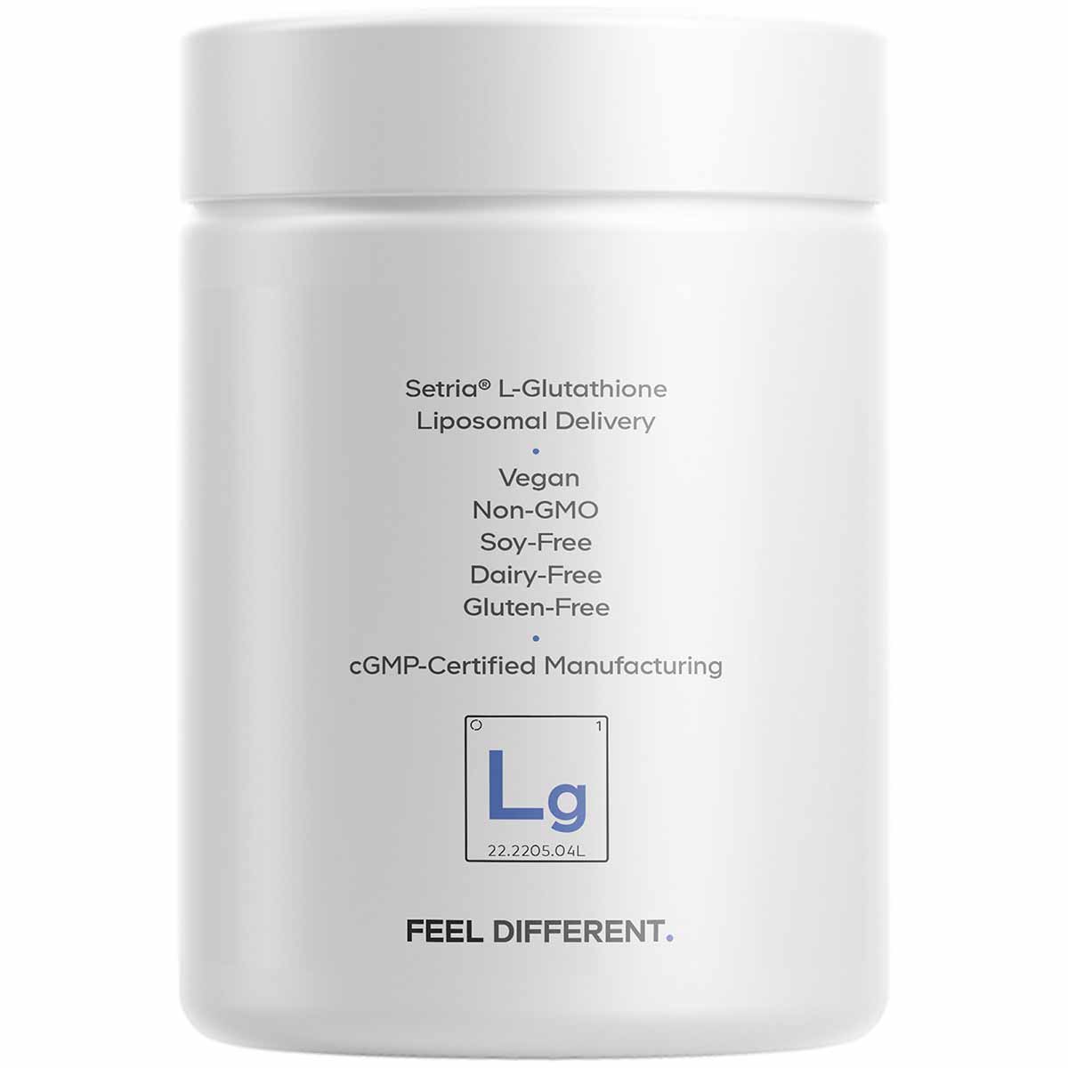White supplement container with white lid displaying Setria L-Glutathione Liposomal Delivery text and chemical symbol.