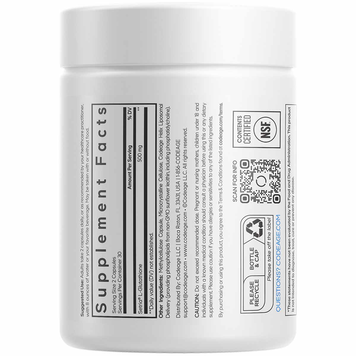 White plastic supplement jar with white lid displaying "Supplement Facts" label and product information for liposomal glutath