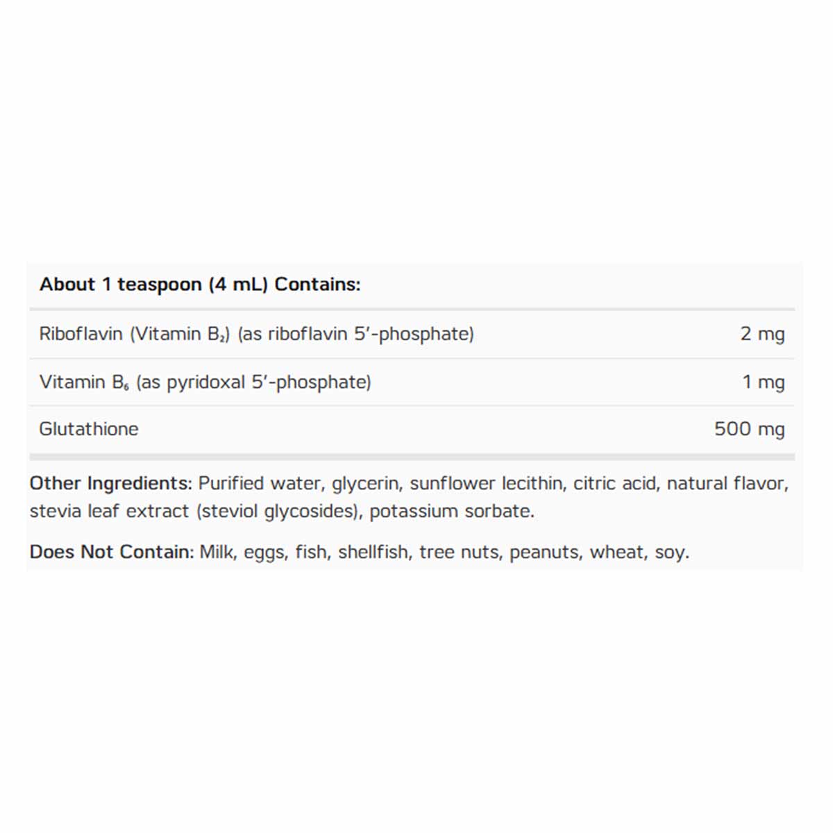 Supplement facts label showing glutathione 500 mg per teaspoon with riboflavin and vitamin B6, ingredients list, and allergen
