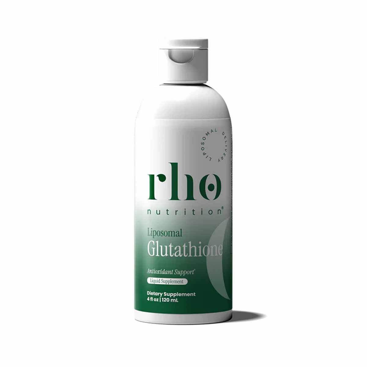White and green bottle of Rho Nutrition Liposomal Glutathione dietary supplement with pump dispenser, 4 fl oz.
