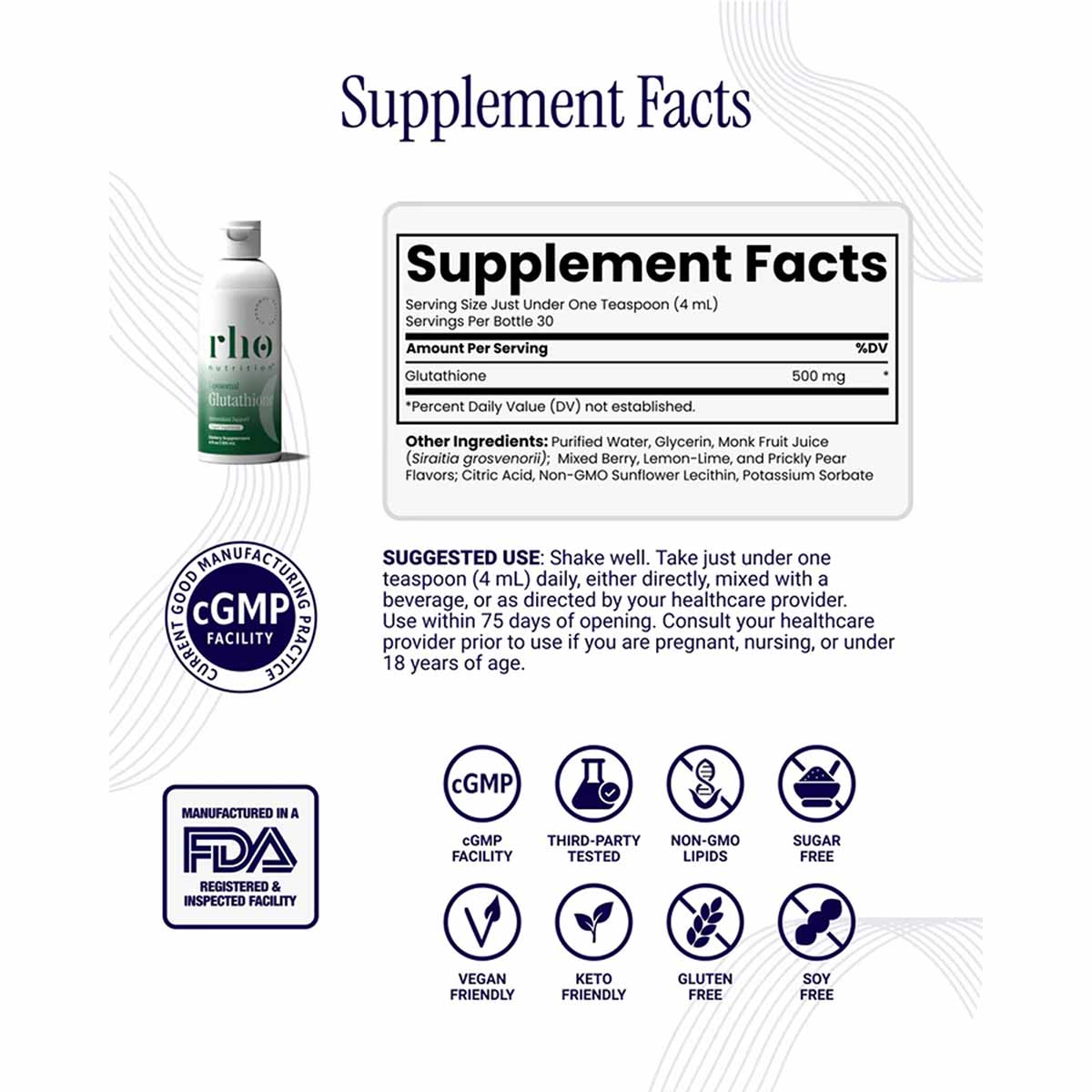 Rho Nutrition liposomal glutathione supplement bottle with supplement facts label and certification badges including cGMP, FD