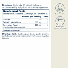 Supplement facts label showing directions, ingredients, and serving information for liposomal glutathione softgels with docto