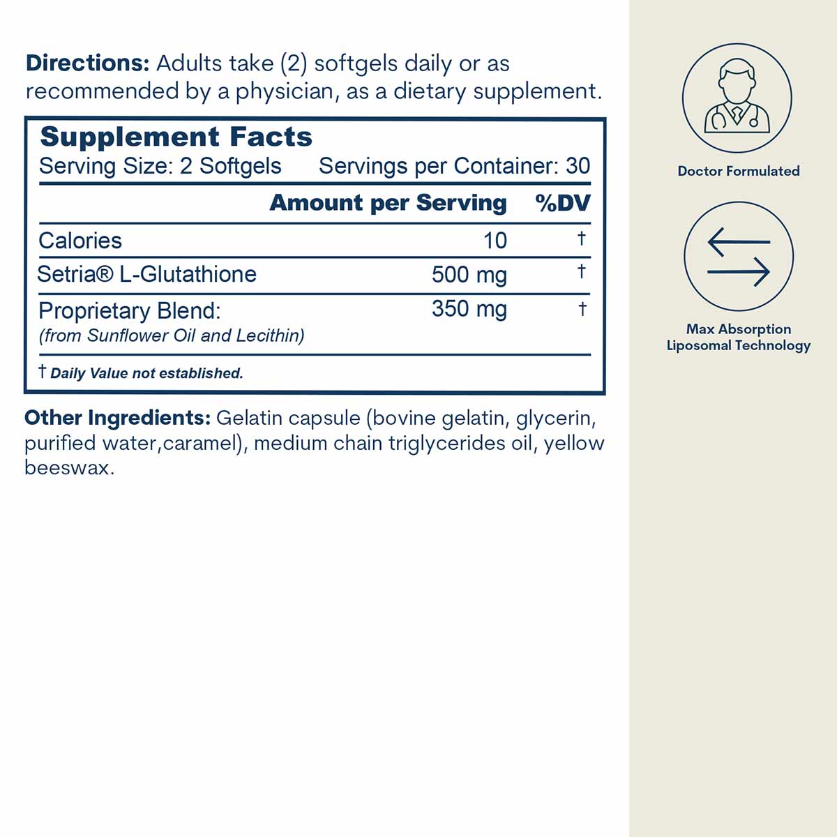 Supplement facts label showing directions, ingredients, and serving information for liposomal glutathione softgels with docto
