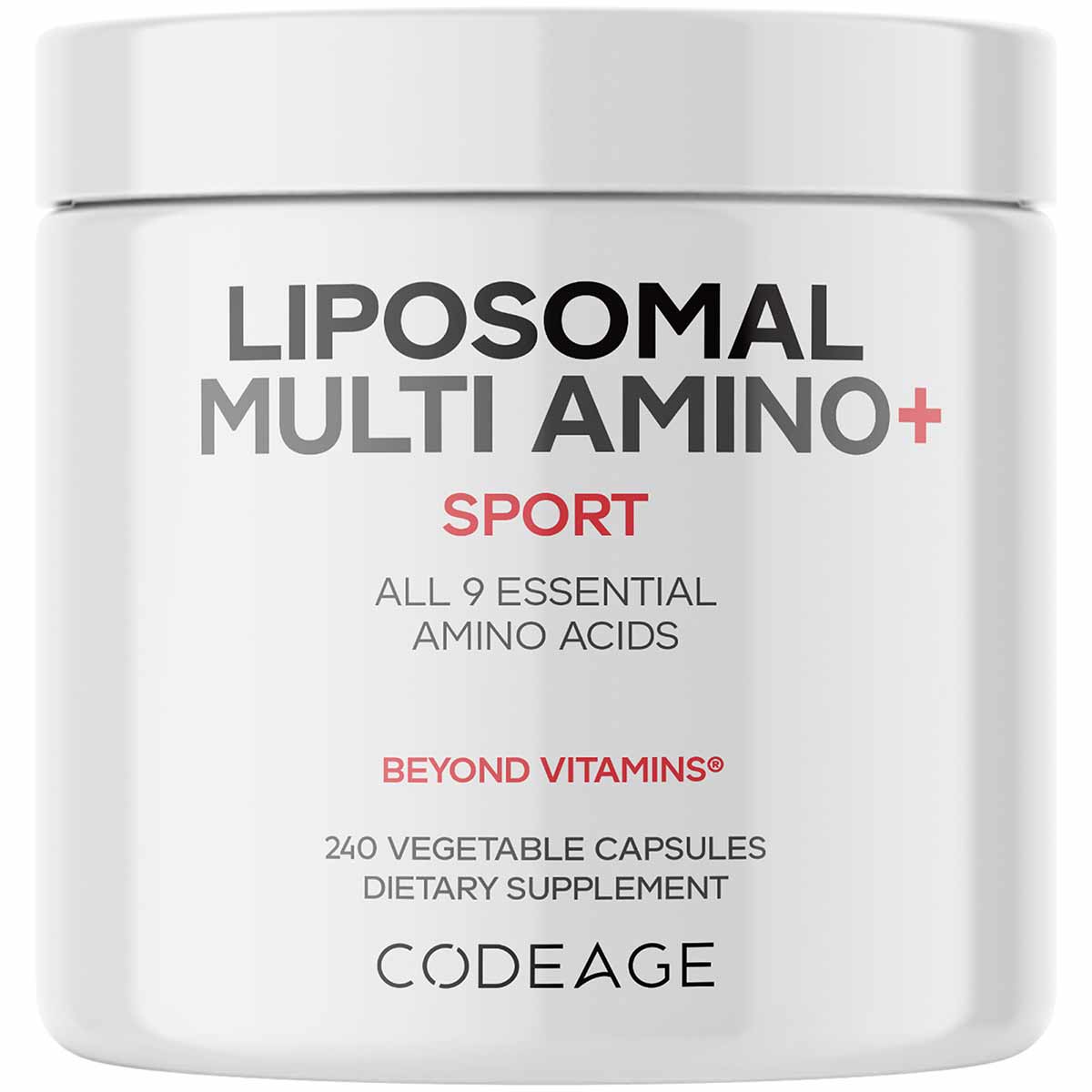 White cylindrical supplement bottle with gray and red text listing "Liposomal Multi Amino+ Sport" containing 240 vegetable ca