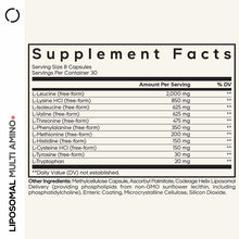 Supplement Facts label for Liposomal Multi Amino+ showing amino acid ingredients, serving size of 8 capsules, and other ingre
