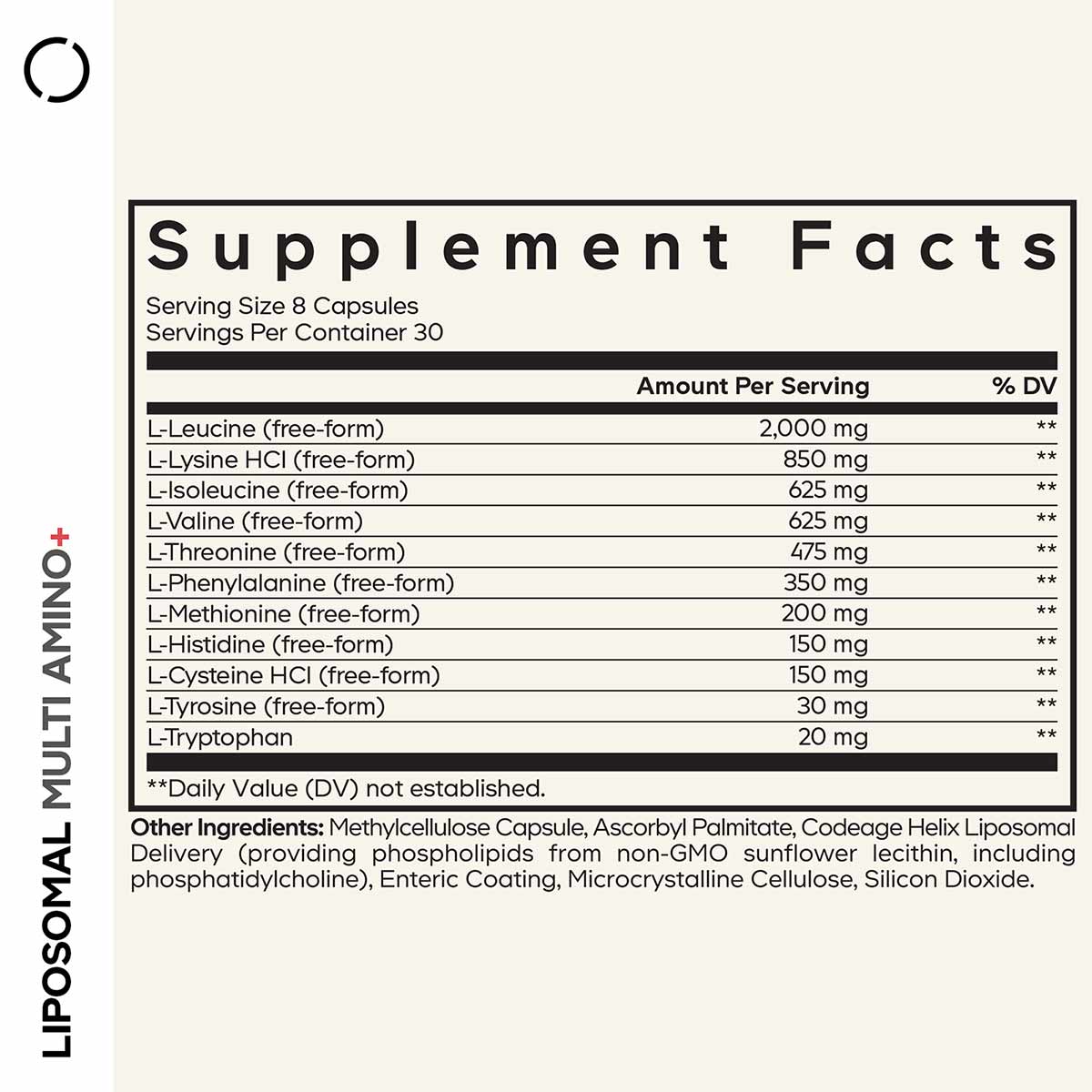 Supplement Facts label for Liposomal Multi Amino+ showing amino acid ingredients, serving size of 8 capsules, and other ingre