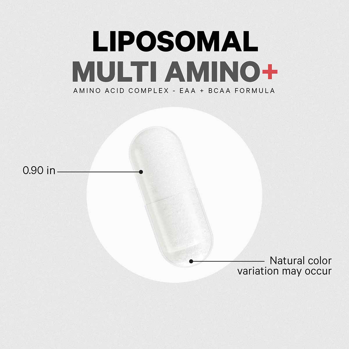 Clear capsule containing white powder, 0.90 inches long, labeled Liposomal Multi Amino+ amino acid complex.