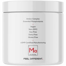 White cylindrical supplement container with text listing amino complex, essential phospholipids, vegan, non-GMO, soy-free, da