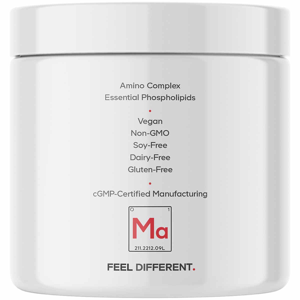 White cylindrical supplement container with text listing amino complex, essential phospholipids, vegan, non-GMO, soy-free, da
