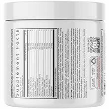 White supplement container with black label showing "Supplement Facts" nutrition information and ingredient list for amino ac
