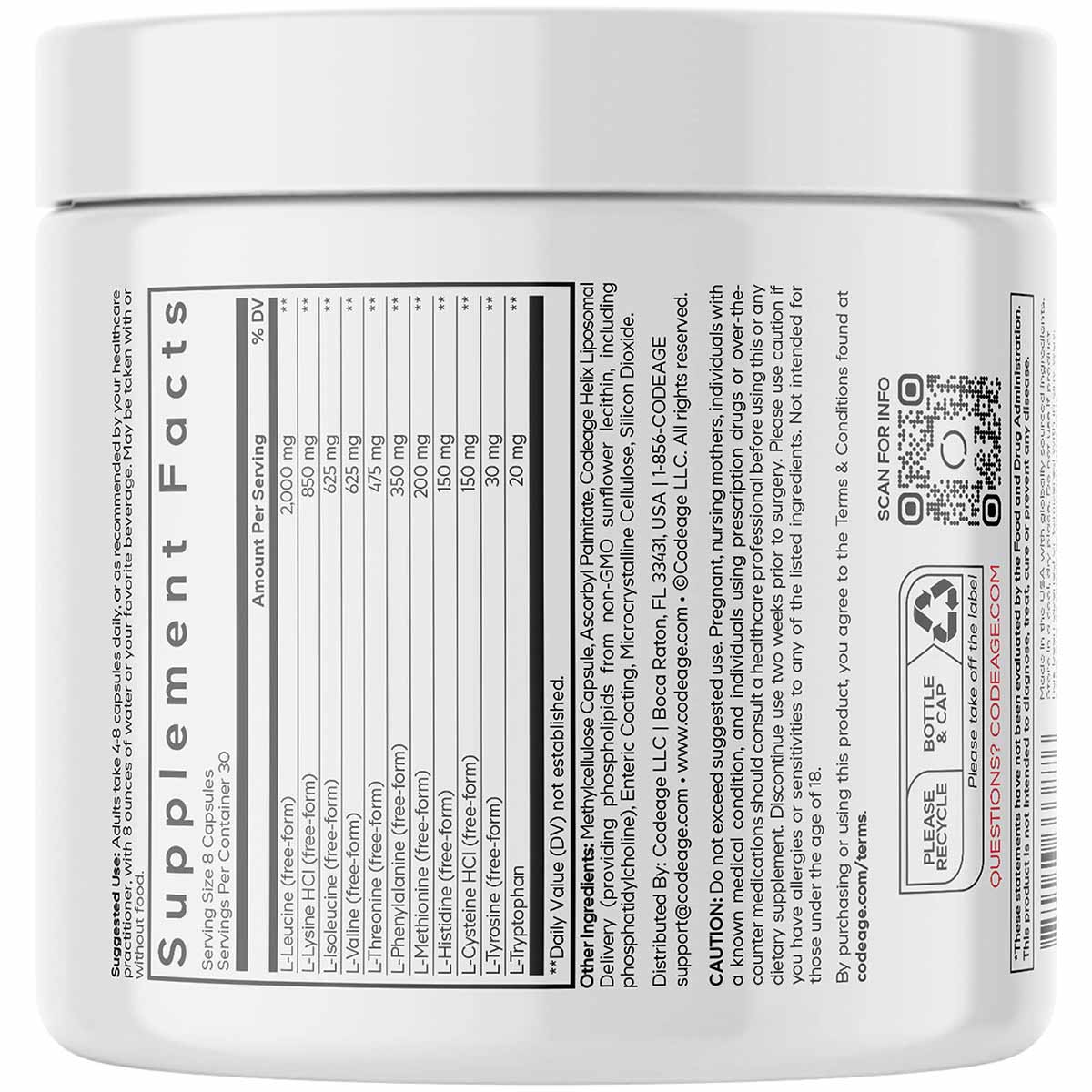 White supplement container with black label showing "Supplement Facts" nutrition information and ingredient list for amino ac