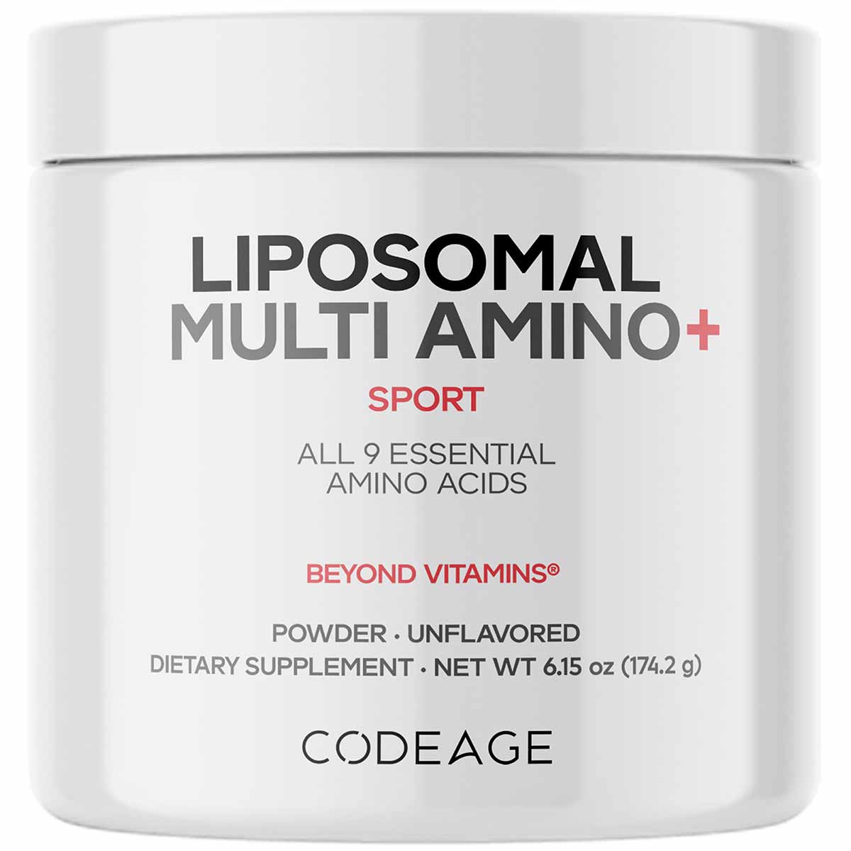 White container of Liposomal Multi Amino+ Sport powder by Codeage, unflavored, 6.15 oz.
