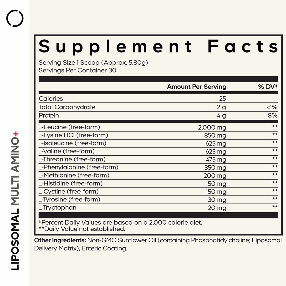 Supplement Facts label for Liposomal Multi Amino+ Powder showing amino acid content, serving size, and ingredients including 