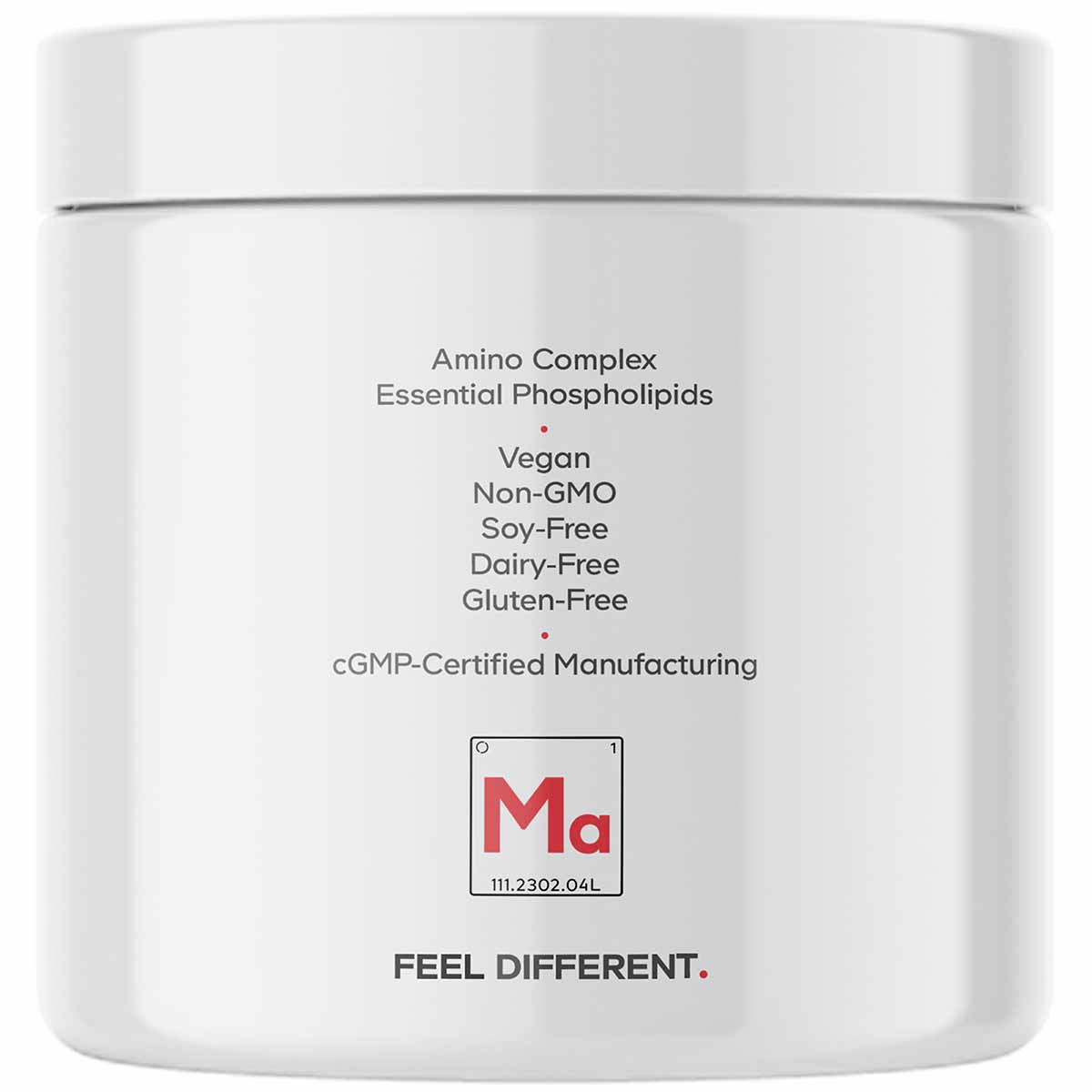 White powder container labeled Amino Complex with Essential Phospholipids, vegan and gluten-free formula by Codeage.