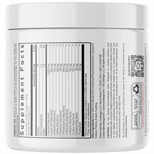 White powder container with white lid labeled "Supplement Facts" showing nutritional information and ingredients list.