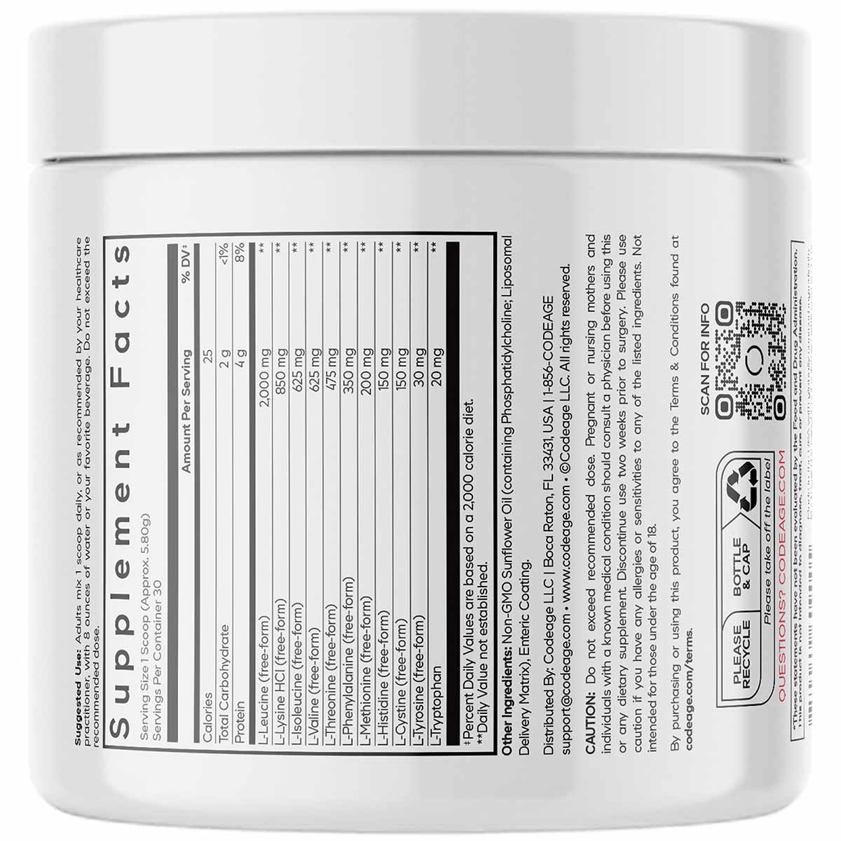 White powder container with white lid labeled "Supplement Facts" showing nutritional information and ingredients list.