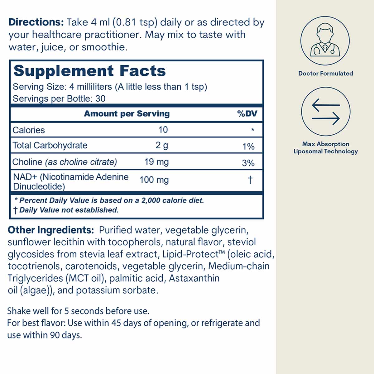 Supplement facts label and directions for Core Med Science liposomal NAD+ liquid with doctor formulated and max absorption ic