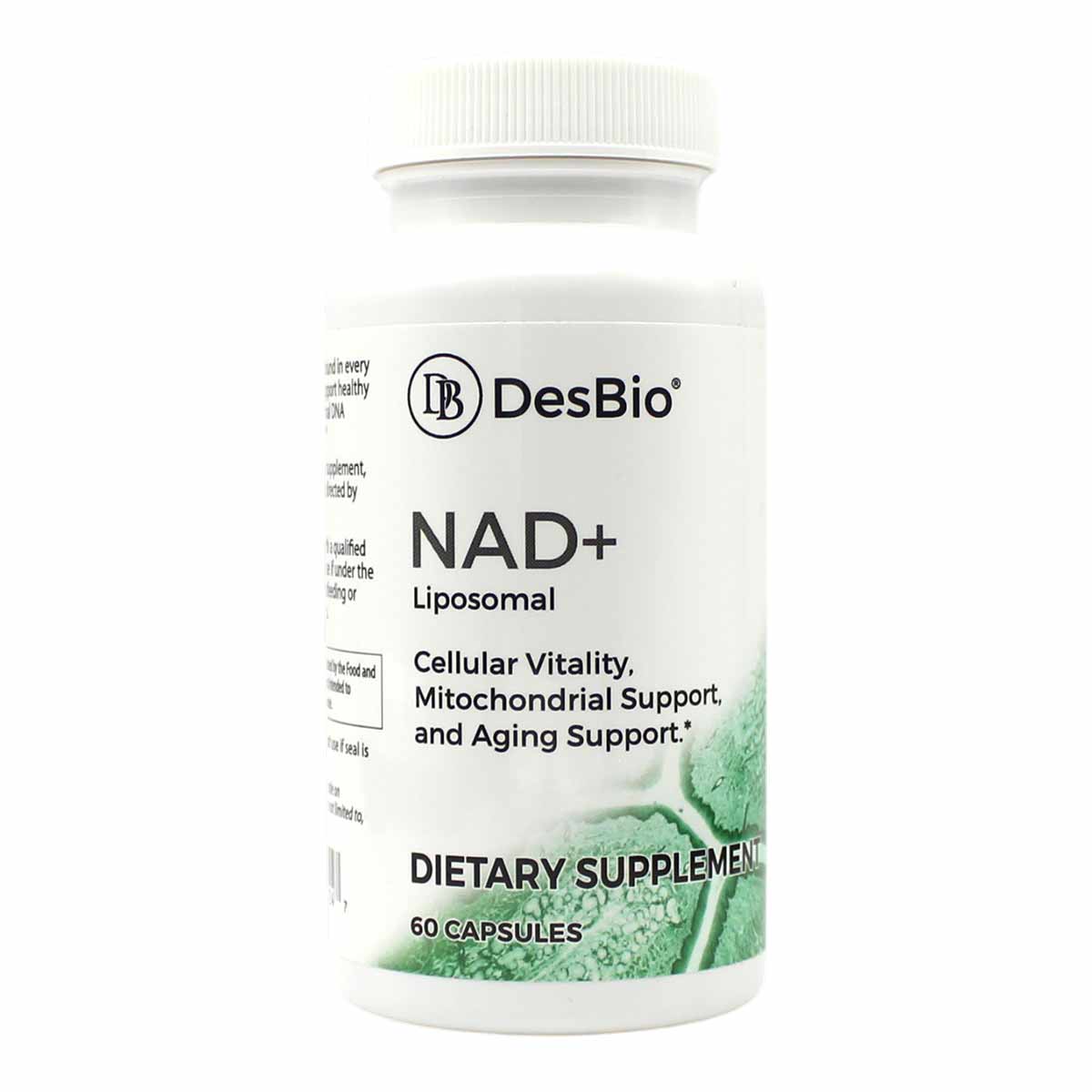 DesBio Liposomal NAD+ dietary supplement bottle with white cap containing 60 capsules.