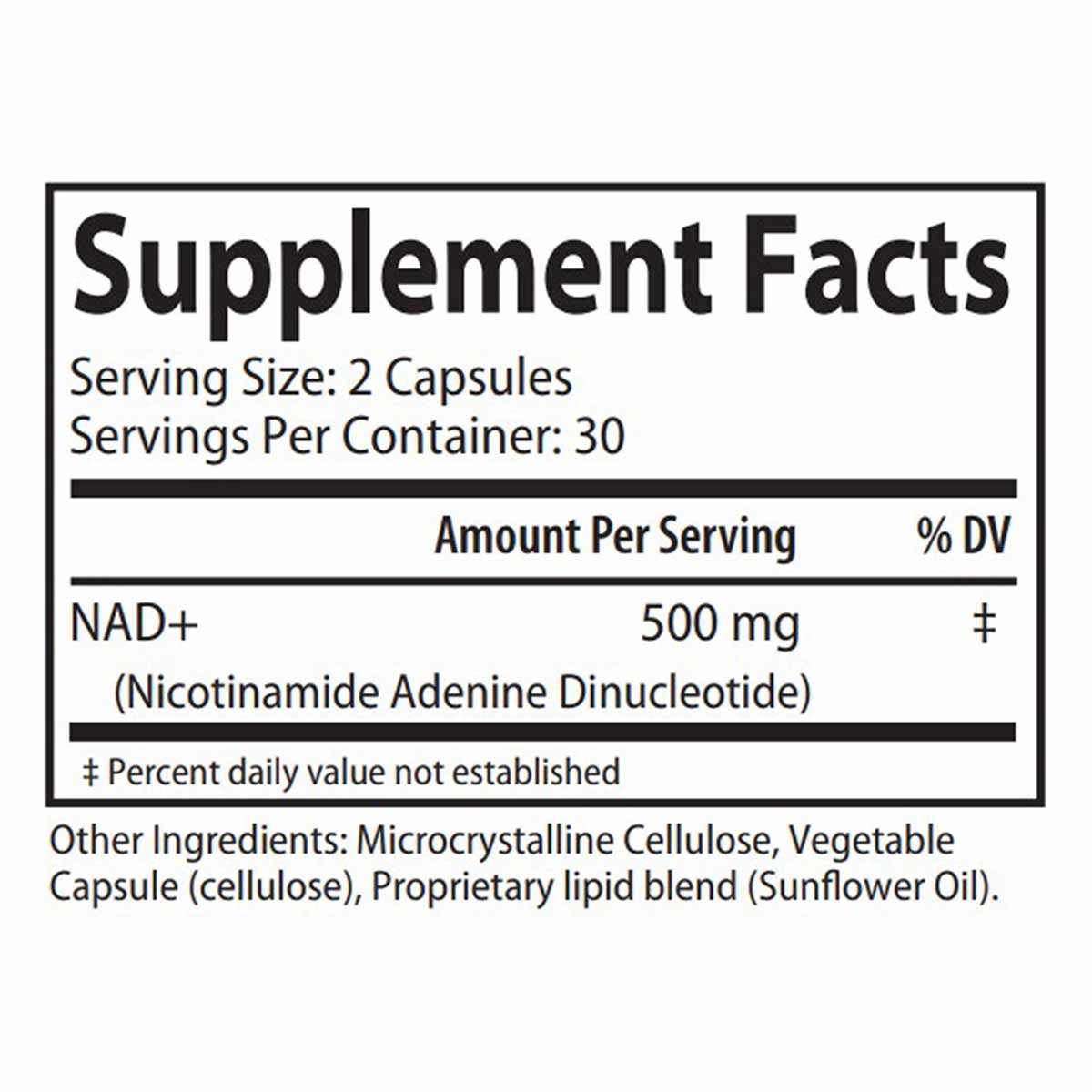 Supplement Facts label for Liposomal NAD+ showing 500mg NAD+ per 2-capsule serving, 30 servings per container.