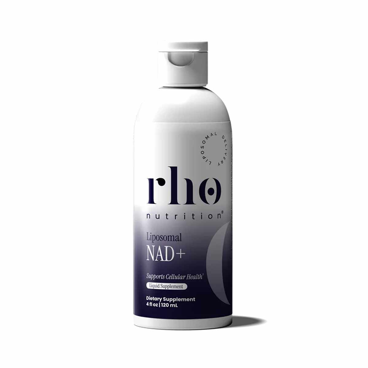 Rho Nutrition Liposomal NAD+ liquid supplement bottle, 4 fl oz, with pump dispenser and dark gradient label.