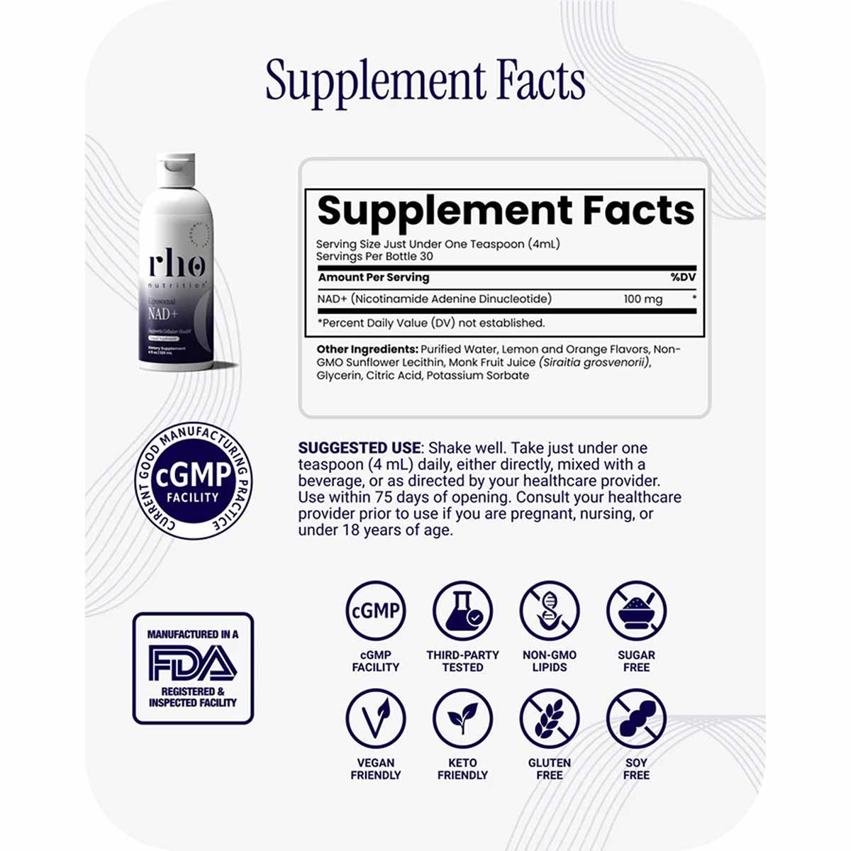 Supplement Facts label for Rho Nutrition's NAD+ liposomal liquid with serving size, ingredients, and product certifications d