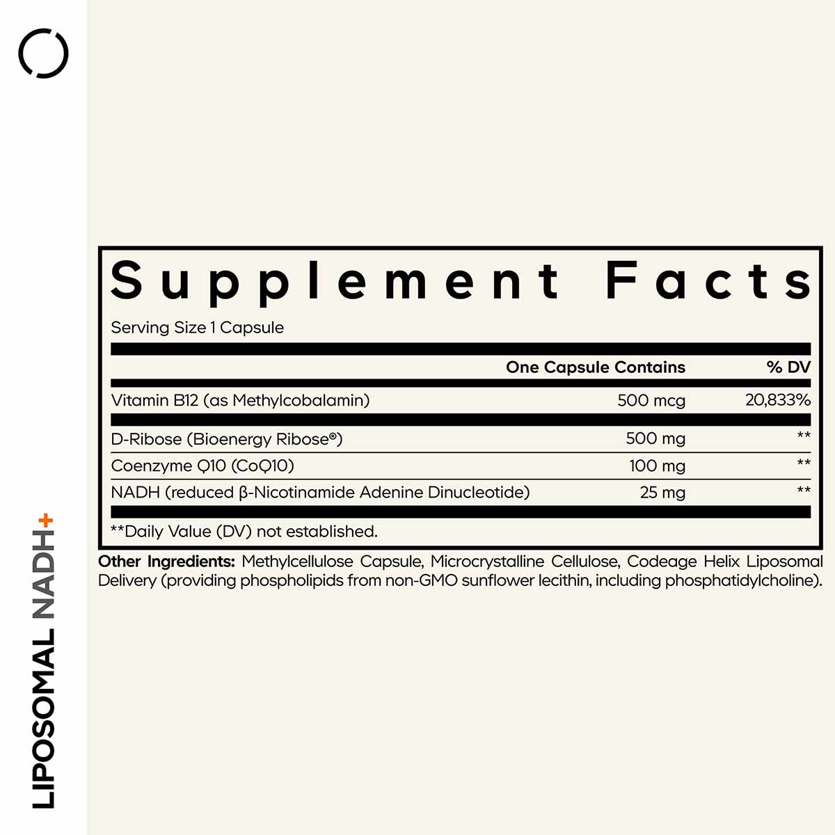 Supplement Facts label for Liposomal NADH+ showing ingredients including Vitamin B12, D-Ribose, Coenzyme Q10, and NADH per ca