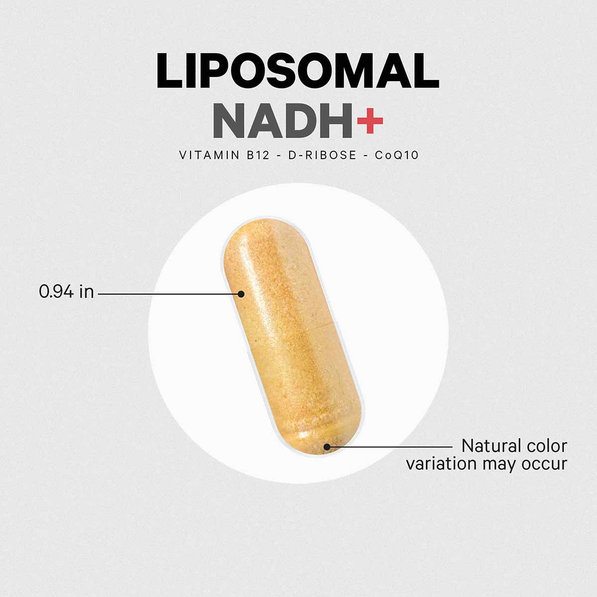 Single tan-colored capsule measuring 0.94 inches with product text and ingredient information displayed above.
