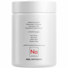 White cylindrical supplement bottle with black text listing ingredients including stabilized NADH, Bioenergy D-Ribose, Coenzy