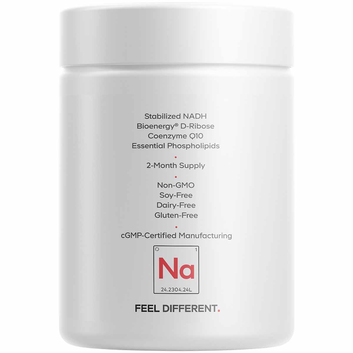 White cylindrical supplement bottle with black text listing ingredients including stabilized NADH, Bioenergy D-Ribose, Coenzy