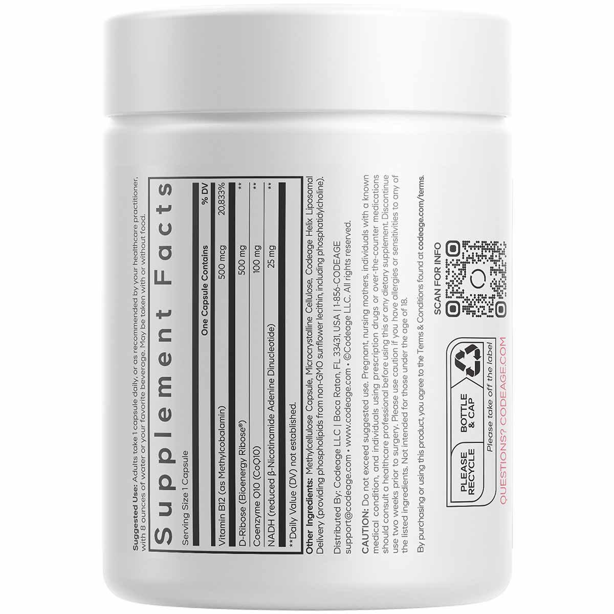 White supplement container with black label showing ingredient list and nutritional information for Codeage NADH+ product.