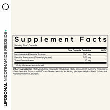 Supplement Facts label for Liposomal Nicotinamide Riboside+ showing serving size, ingredients, and daily values.