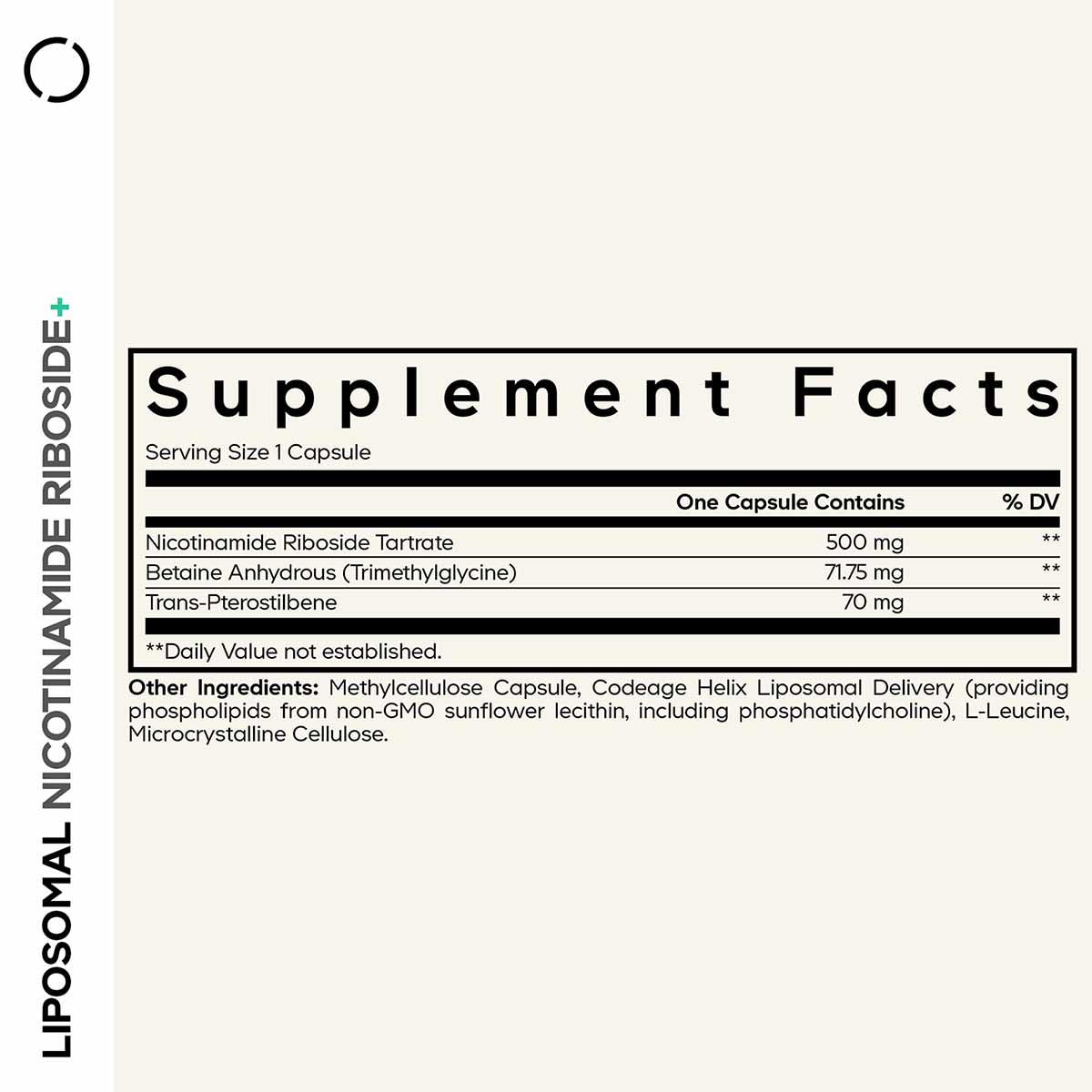 Supplement Facts label for Liposomal Nicotinamide Riboside+ showing serving size, ingredients, and daily values.