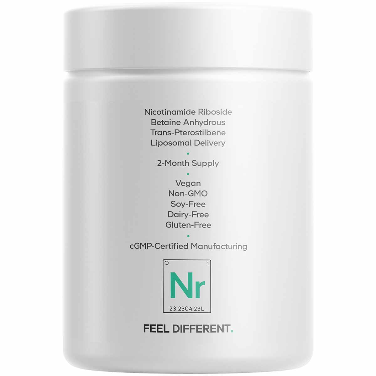White supplement bottle labeled with Nicotinamide Riboside, Betaine Anhydrous, and Trans-Pterostilbene with liposomal deliver