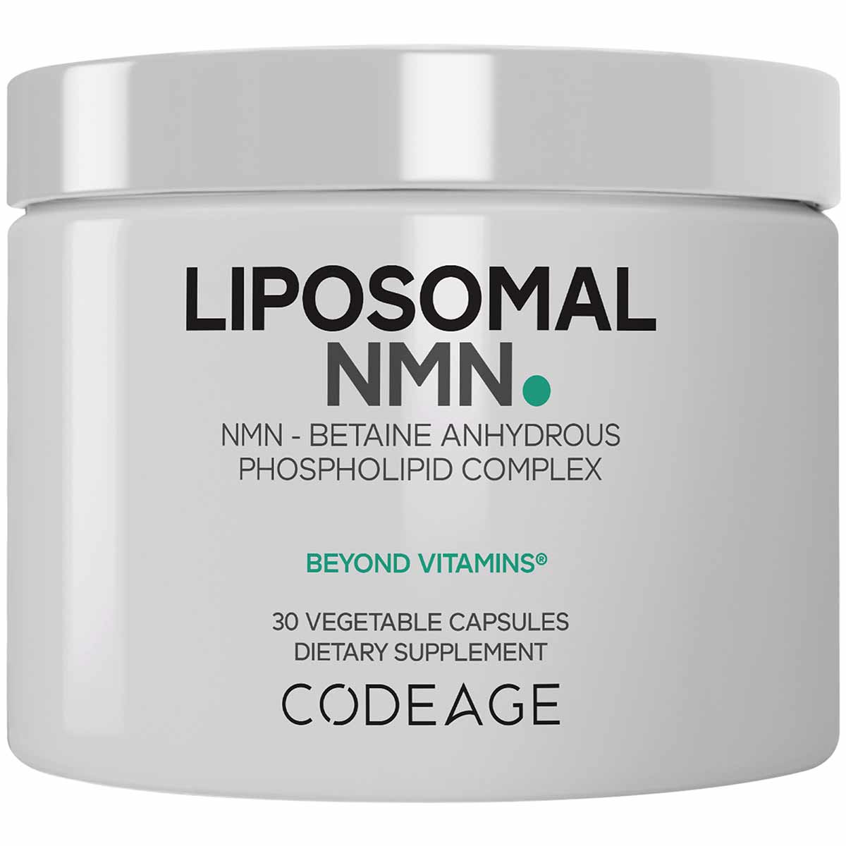 White cylindrical supplement container with silver lid labeled "Liposomal NMN" by Codeage, 30 vegetable capsules.