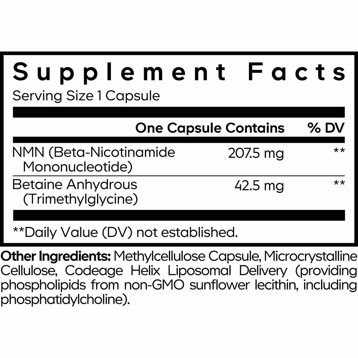 Supplement Facts label for Liposomal NMN capsules showing 207.5 mg NMN and 42.5 mg Betaine per serving.