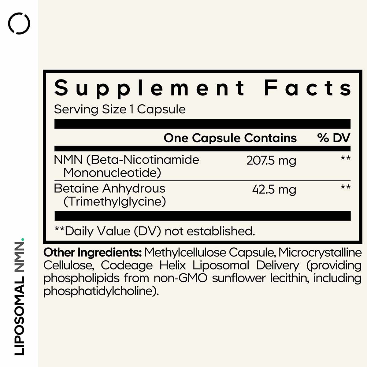 Supplement Facts label for Liposomal NMN capsules showing 207.5 mg NMN and 42.5 mg Betaine per capsule with ingredient list.