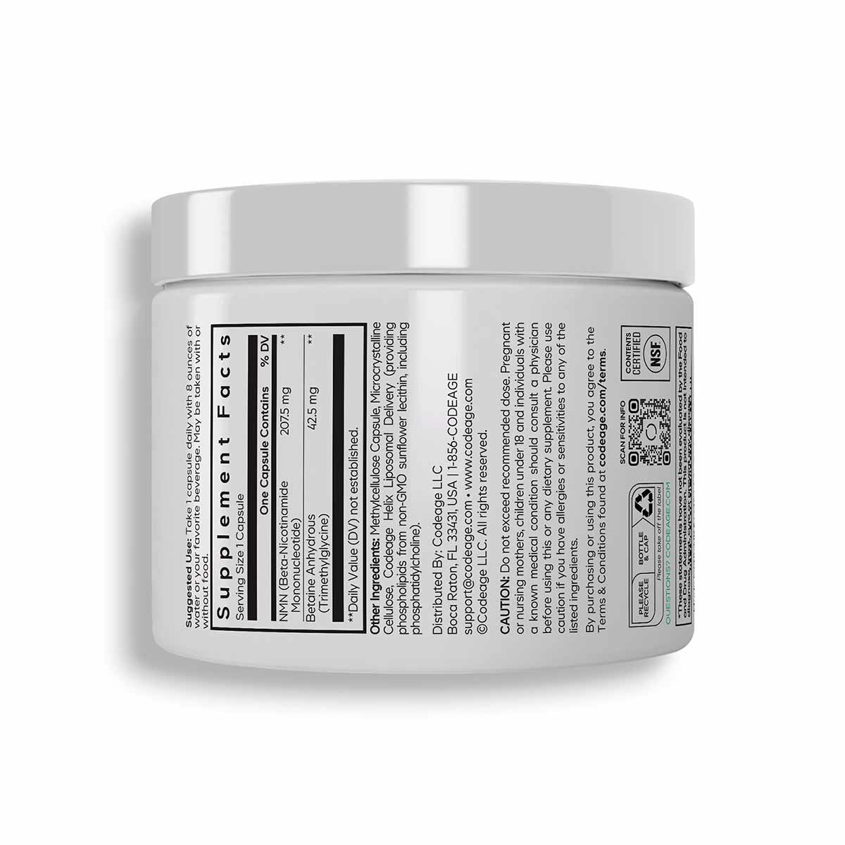 White plastic container with silver lid containing NMN supplement powder, displaying Codeage branding and nutrition facts lab