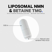 White capsule supplement measuring 0.83 inches with product text above indicating liposomal NMN and betaine TMG contents.
