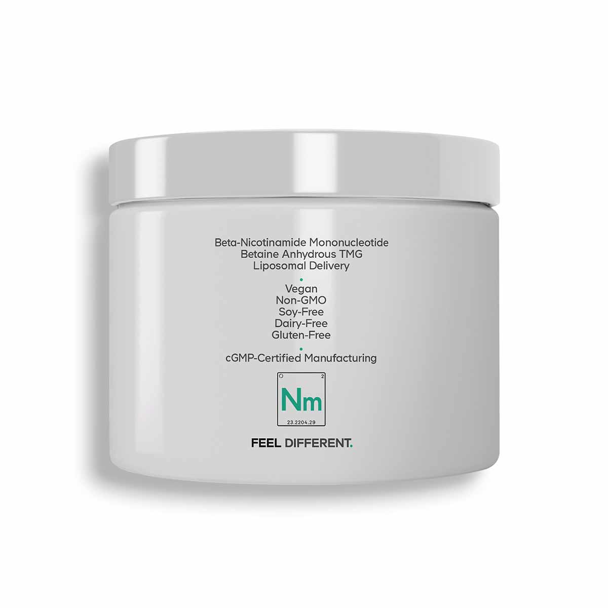 White cylindrical supplement container with silver lid displaying ingredient information and vegan, non-GMO, and cGMP-certifi